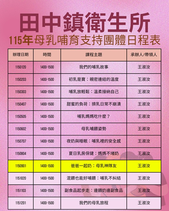 【活動資訊】田中鎮衛生所115年9月1日下午2時-3時辦理母乳哺育支持團體課程，歡迎有意願參加者報名參加宣傳圖片