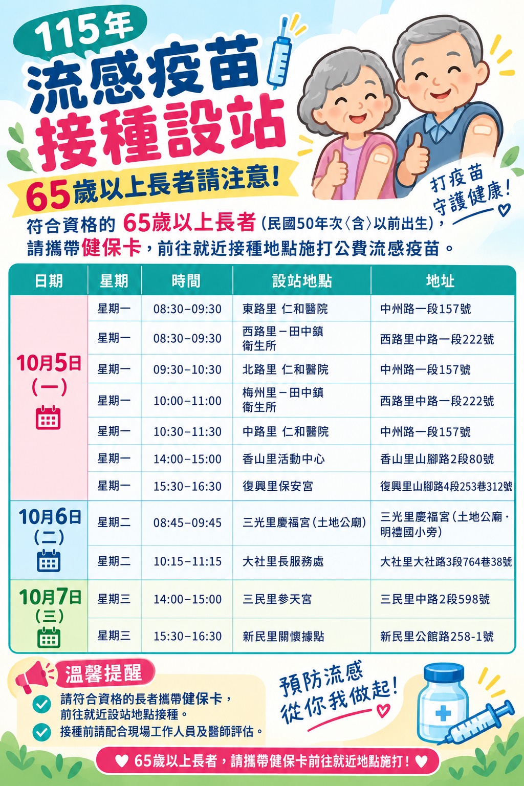 【流感疫苗預防注射活動】115年10月5、6、7日田中鎮流感疫苗社區接種站公告宣傳圖片