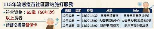 【流感疫苗預防注射活動】115年10月12、15日田中鎮流感疫苗社區接種站公告宣傳圖片