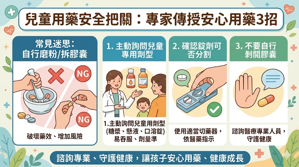 【健康宣導】兒童用藥安全把關：破解磨粉迷思，專家傳授安心用藥3招宣傳圖片
