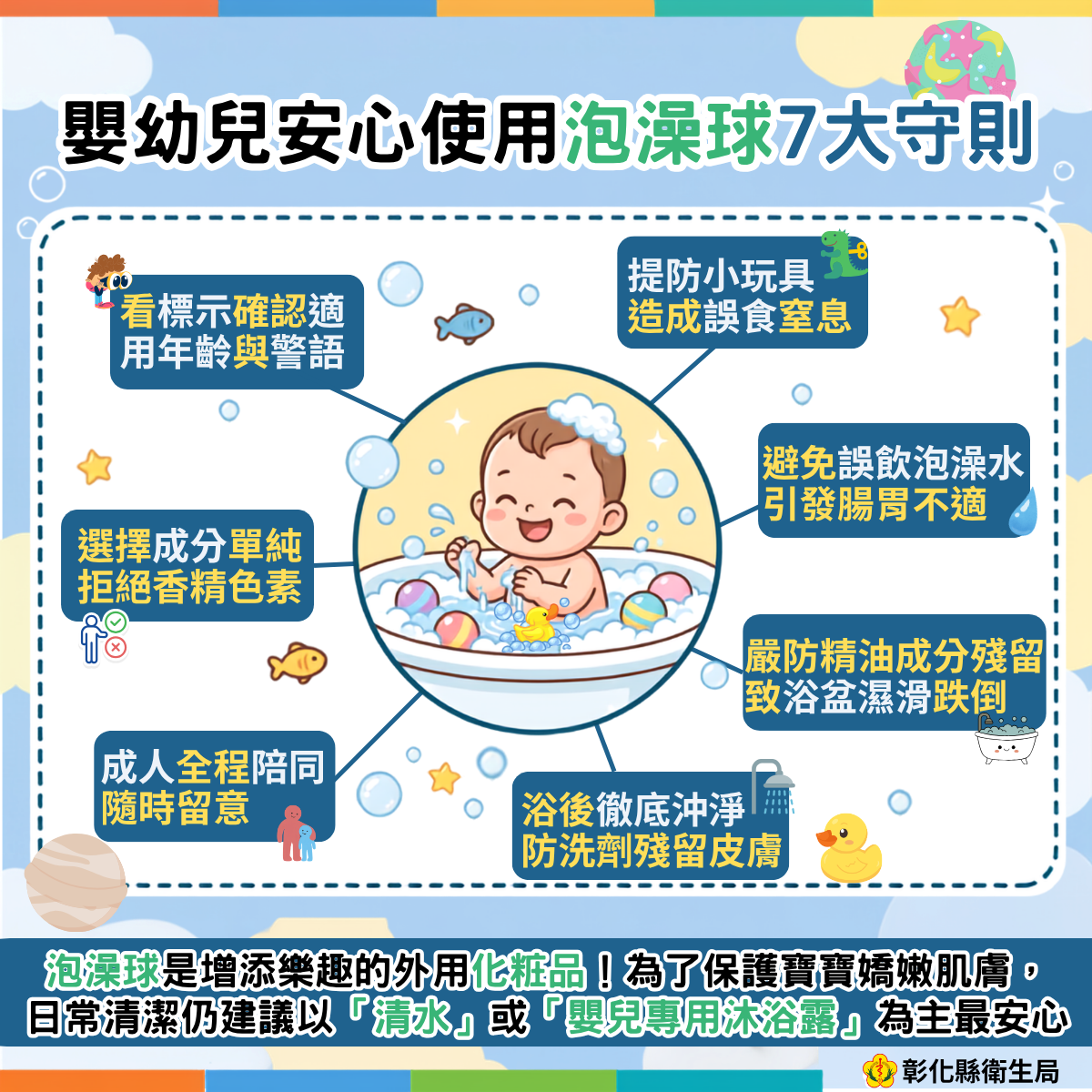 【健康宣導】嬰幼兒安心使用泡澡球7大守則宣傳圖片
