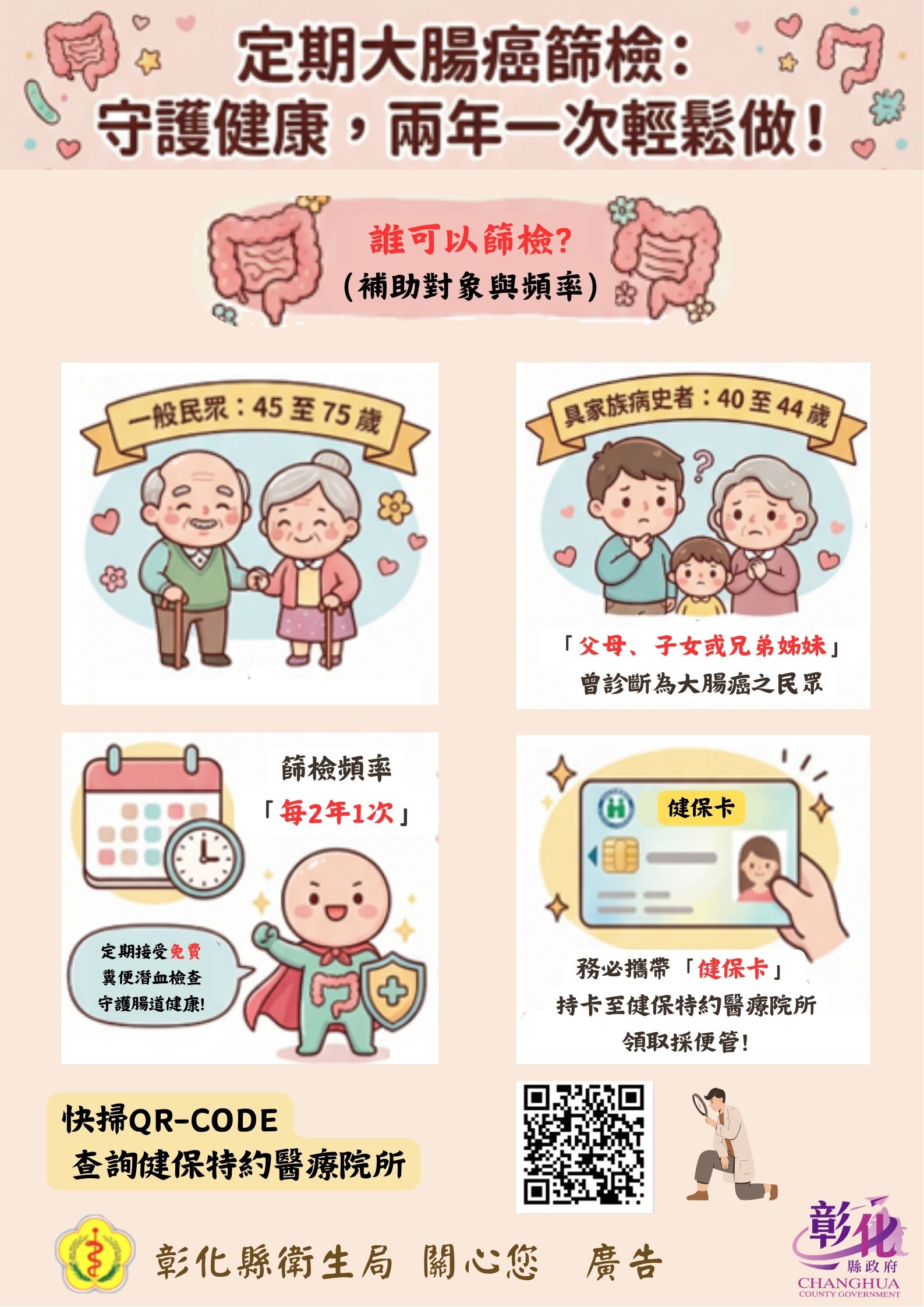 【健康宣導】定期大腸癌篩檢：守護健康，兩年一次輕鬆做宣傳圖片